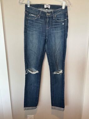 PAIGE Distressed Boyfriend Jeans in Dark Blue Wash
